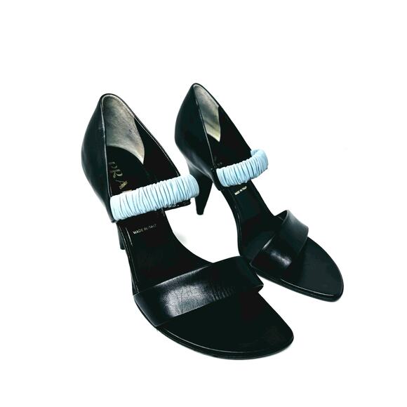 Vintage Prada Black Leather Heels with Blue Ruched Elastic Strap Size 36.5 - Picture 7 of 10